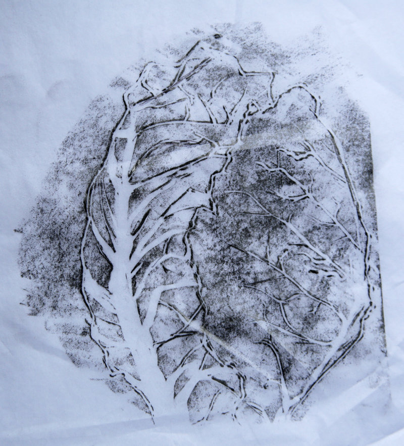 A rubbing of a linocut of a cabbage