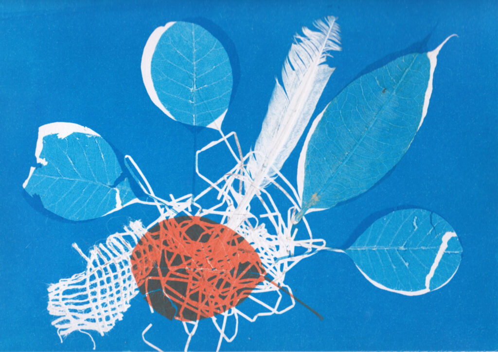 Abstract in blue and orange of some leaves, raffia and a feather